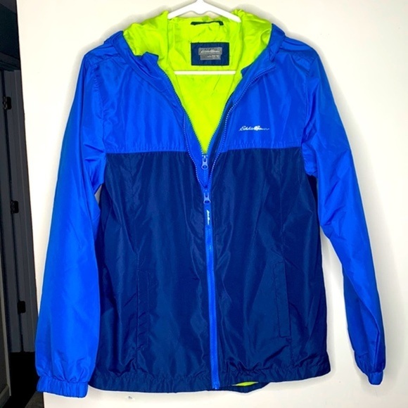 Eddie Bauer Hooded Light Fall Jacket Blue Double Zipper Rain Coat Kids L 14/16 - Picture 1 of 16